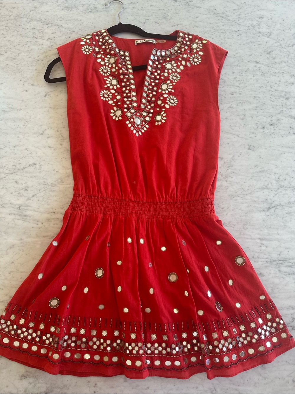 Alice and Olivia Red Embellished Short Dress with Mirror Details